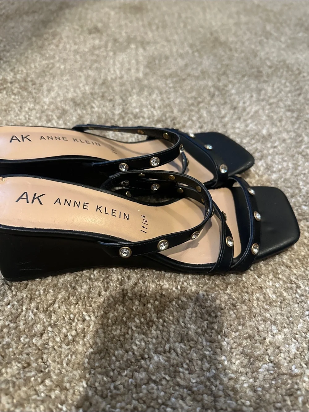 Anne Klein Black Crystal-Stud Strappy Heeled Sandals
